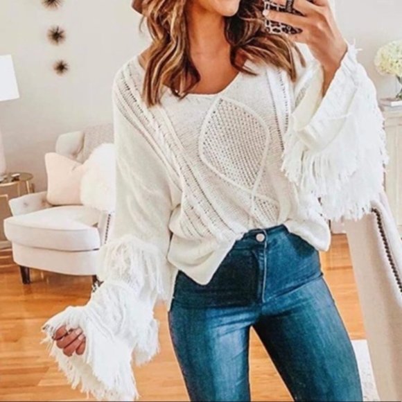 Bohemian Fringe Textured White Sweater - Picture 3 of 8